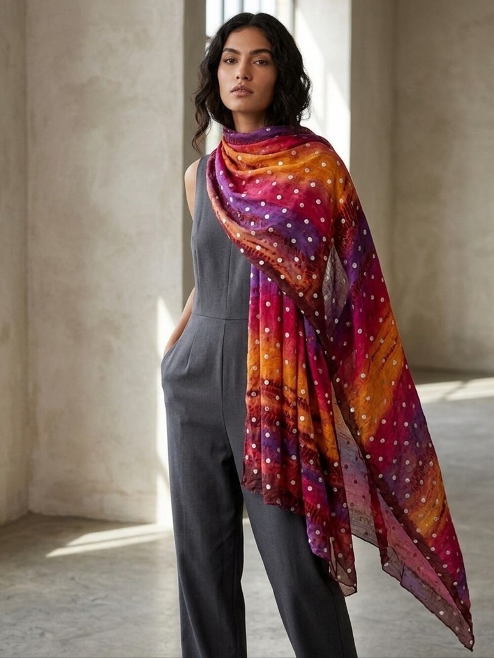Vibrant Multicolor Oversize Large Scarf Shawl Ombre & Polka Dot Print